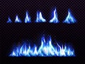 Realistic blue fire set for animation, torch flame isolated on transparent background. Burning blaze effect. Royalty Free Stock Photo