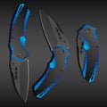 Realistic blue folding knife in three different positions