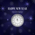 Realistic blue Happy New Year banner, featuring a clock and snowflakes. Gold and Christmas themed decorations. Suitable for Royalty Free Stock Photo