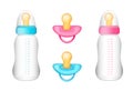 Realistic blue and pink pacifiers, baby bottles on the white background. Royalty Free Stock Photo