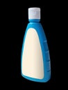 Realistic Blue Plastic Bottle With White Label on Isolated Black Background. Eye Level angle