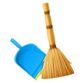 Realistic blue plastic dustpan with broom for cleaning garbage. Vector illustration. Royalty Free Stock Photo