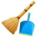 Realistic blue plastic dustpan with broom for cleaning garbage. Vector illustration.