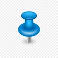 Realistic Blue Pushpin for Tack Paper on Notice Board. Single Thumbtack with Needle on Transparent Background. Office