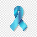 Vector Realistic Blue ribbon to Prostate Cancer Awareness Month, October. Silk bright medical banner, 3d tape preventing