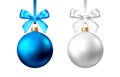 Realistic  blue, silver  Christmas  balls  with bow on white background Royalty Free Stock Photo