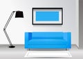 Realistic blue sofa with floor lamp, carpet and photoframe on the wall. Interior illustration.Furniture Design Concept. Royalty Free Stock Photo