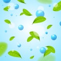 Realistic Blue Sphere or Bubble Elements and Fly Green Leaves Background. Vector Royalty Free Stock Photo