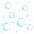 Realistic blue underwater bubbles on white background. Aquarium water stream, soap or cleanser foam. Vector illustration Royalty Free Stock Photo