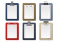 Realistic board tablets. Portable paper holder, different clipboards clamps, empty white sheets, various colors notebook