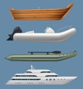 Realistic boats. Ship and yacht in sea or ocean sailing water transportation decent vector travelling concept pictures