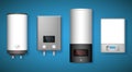 Realistic boiler set. Electric water heater for comfortable household. Modern convenience equipment