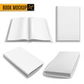 Realistic books. White book mockup cover, blank brochure, paperback empty textbook, magazine template. Closed and opened