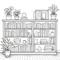 Realistic Bookshelf Coloring Page With Books And Plants