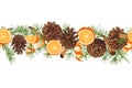 Realistic Botanical ink sketch of colorful fir tree garland with pinecone isolated on white Horizontal seamless pattern Royalty Free Stock Photo