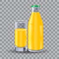 Realistic bottle and glass for milk, juice. Isolated on transparent grid, for design and branding. Transparent glass for every bac Royalty Free Stock Photo