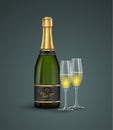 Realistic bottle and glasses of champagne isolated on a transparent background. Vector illustration Royalty Free Stock Photo