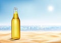 Realistic bottle of light lager with lime slice on sand