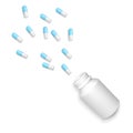 Realistic bottle with scattered tablets. White and blue drug capsules isolated on white background. Healthcare and medicine object