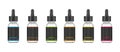 Realistic bottles mock up with tastes for an electronic cigarette with different fruit flavors. Dropper bottle with