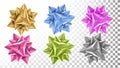 Realistic Bow Set Vector. Beautiful Bright Ribbon. Xmas Tree, Birthday Gift, Anniversary, Party Decoration.