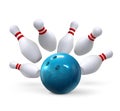 Realistic bowling ball strike hit falling pin skittles. Bowl game sport competition. 3d bowling play target, winning