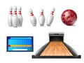 Realistic bowling elements. Challenge sport game equipment, standing and falling skittles, ball and bowling alley