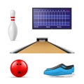 Realistic bowling elements set vector illustration. Collection professional tools sport championship