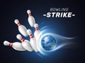 Realistic bowling strike ball. High speed trajectory, flying downed pins, crashing 3d isolated element, dark backdrop