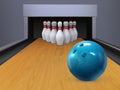 Realistic bowling wood lane with rolling ball and skittle pins. Sport bowl game competition alley. Bowling club playing