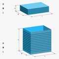 Realistic box with lid on white background, its dimensions are indicated. Open box, its length, width and height. 3D vector