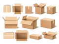 Realistic boxes. 3d cardboard opened and closed packaging template, shipping containers, post delivery, empty paper