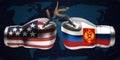 Realistic boxing gloves with prints of the USA and Russian flags