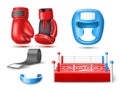 Realistic boxing sports accessories. Fighting sport elements, 3d isolated objects, gloves, helmet, mouth guard and ring