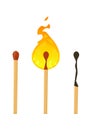 Realistic brand new, burning and burnt match sticks on white background