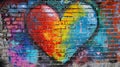 Realistic brick wall covered in vibrant heart graffiti, rainbow spray paint street art concept Royalty Free Stock Photo