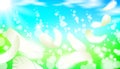 Realistic bright sunny spring landscape green grass blue sky light background white swan bird feather flying. 3d