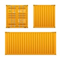 Realistic bright yellow cargo container set. The concept of transportation. Closed container. Front, back and sid