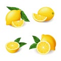 Realistic bright yellow lemon with green leaf whole and sliced set Royalty Free Stock Photo