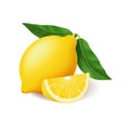 Realistic bright yellow lemon with green leaf whole and sliced vector Royalty Free Stock Photo