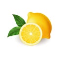 Realistic bright yellow lemon with green leaf whole and sliced vector Royalty Free Stock Photo