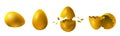 Realistic broken and exploded easter golden chicken eggs. Surprise egg gift with gold eggshell. Luxury, money and
