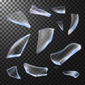 Realistic broken glass pieces. Isolated on black transparent background. Vector illustration Royalty Free Stock Photo