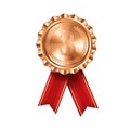 Realistic bronze award medal with red ribbons engraved number three. Premium badge for winners and achievements