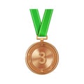 Realistic bronze medal on green ribbon with engraved number three. Sports competition awards for third place. Championship reward