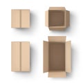 Realistic brown box. Open and close parcel, cardboard packaging and delivery boxes top view 3D mockup vector set Royalty Free Stock Photo