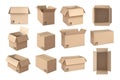 Realistic brown box. Postal packaging open boxes, shipping cardboard containers and delivery mockup vector set