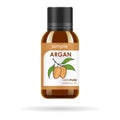 Realistic brown glass bottle with argan extract. Beauty and cosmetics oil - argan. Product label and logo template