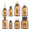 Realistic brown glass medicine and cosmetic bottles, medical packaging isolated vector set