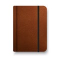 Realistic brown notebook with black elastic band. Top view diary template. Vector notepad mockup.